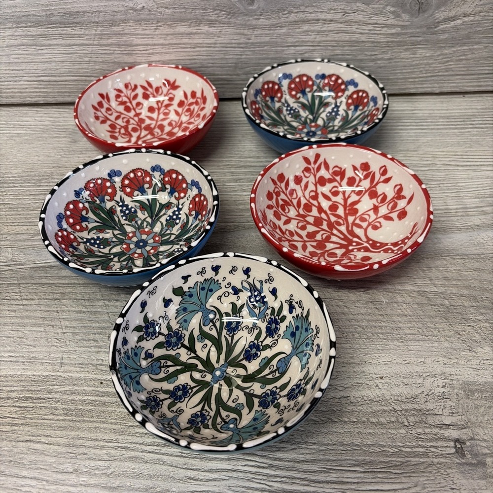 Nakkas Turkish Five Ceramic Dipping Bowls Flower Tree Design Hand Painted (P2)